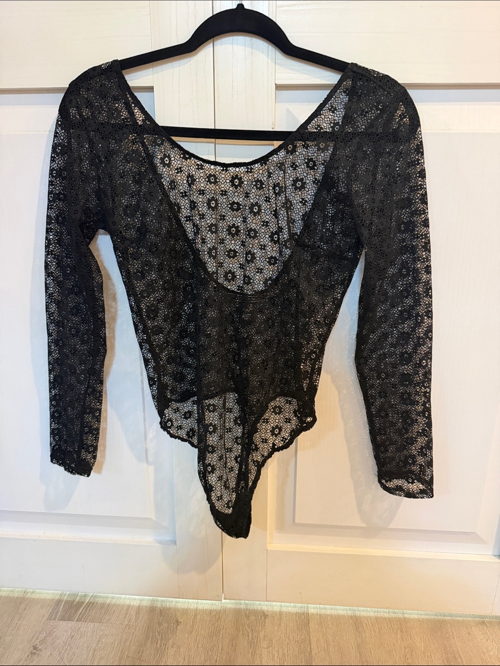 Victoria's Secret Black Floral Lace Long-Sleeve Bodysuit